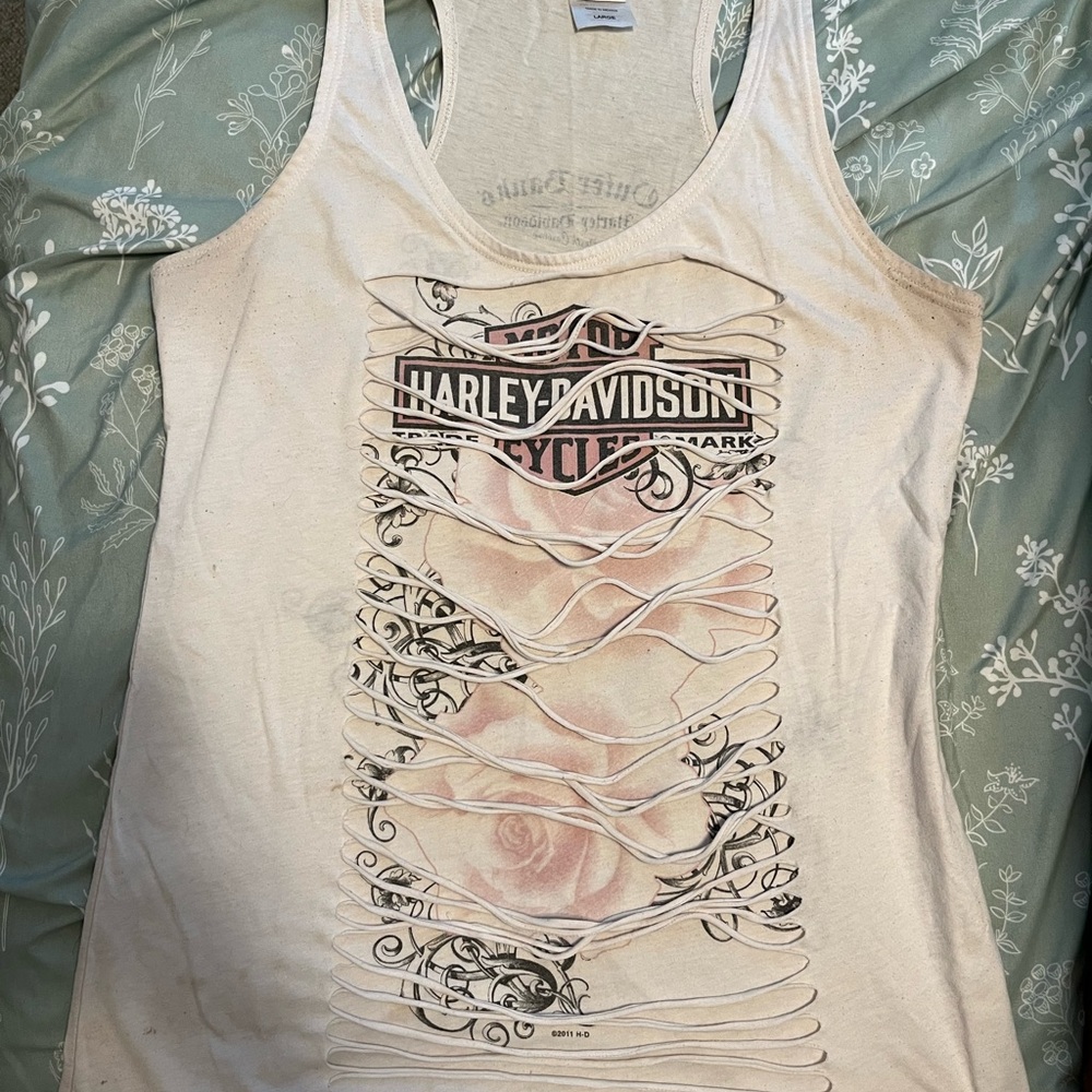 OBX Harley-Davidson Women’s White/Pale Pink Ripped Tank Top